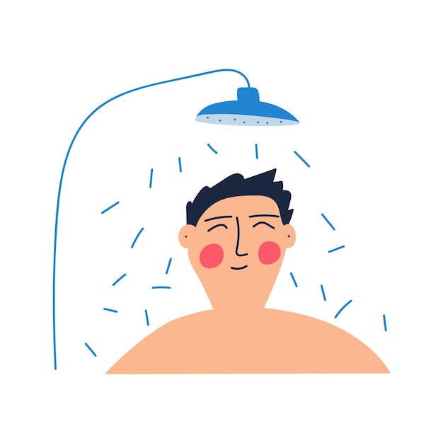 Hombre tomando una ducha fría. Ilustración dibujada a mano sobre fondo blanco.