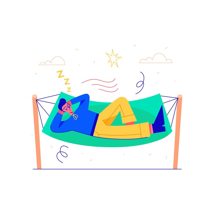 Vector hombre tomando una siesta en una hamaca dibujada a mano ilustración vectorial plana para actividades informales