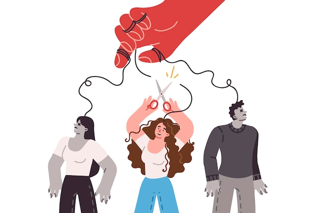 El hombre tóxico manipula a la gente como un titiritero y pierde el control sobre la mujer valiente con tijeras.
