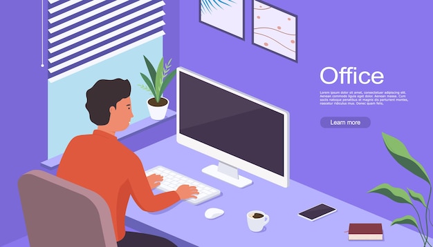 El hombre trabaja en casa sentado a la mesa frente a la pantalla de la computadora. Freelancer que trabaja en la computadora en casa. Concepto de oficina en casa junto a la ventana.