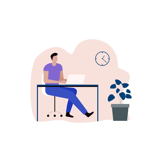 Un hombre trabaja en una computadora portátil sentado en una mesa estilo vector de dibujos animados
