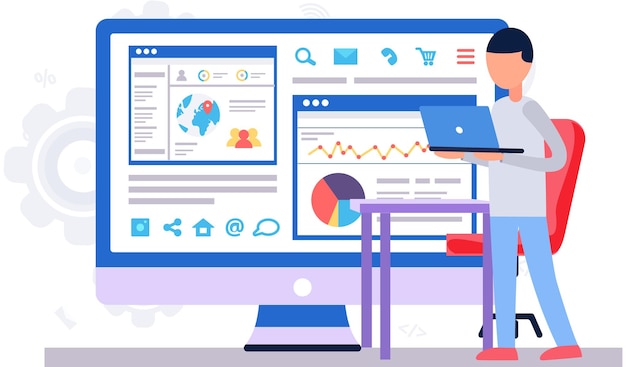 Vector hombre trabaja con datos económicos y estadísticas empresariales hombre está de pie con una computadora portátil cerca de la mesa y pantalla grande hombre caracteres graba video pantalla con gráficos y gráficos de datos en el fondo