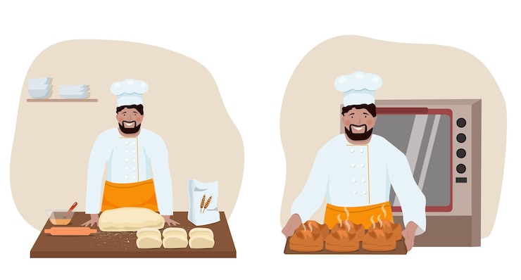 Vector un hombre trabaja en una panadería, un personaje con uniforme de cocina hornea pan. tartas caseras. vector