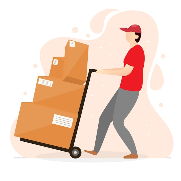 hombre trabajador de almacén moviendo cajas ilustración plana vectorial