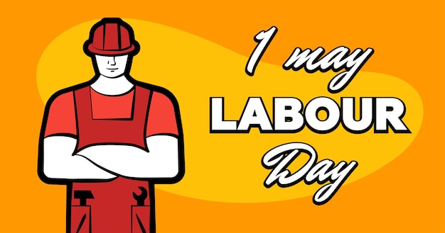 Hombre trabajador en casco de construcción rojo e inscripción feliz día del trabajo puede cartel de tarjeta de felicitación o