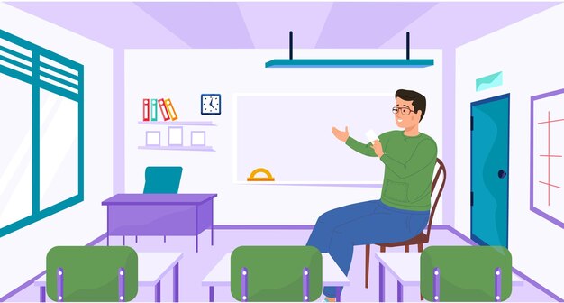 Un hombre trabajador de la escuela maestro en un aula vacía en el lugar de trabajo de la escuela Educación y capacitación Regreso al interior de la escuela de la habitación para el maestro Clase para la lección de pizarra de estudio de mesa de tablero educativo
