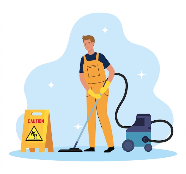 Hombre trabajador de limpieza con aspiradora, conserje hombre con aspiradora y señalización precaución diseño de ilustración vectorial