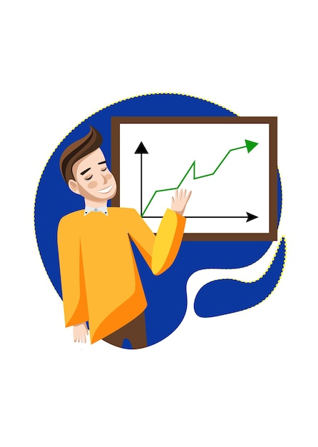 Hombre trabajador de oficina muestra un gráfico de negocios con crecimiento vectorial hacia arriba