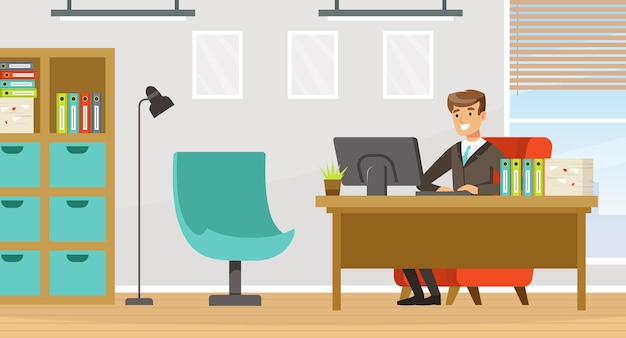 Hombre trabajador de oficina sentado en la mesa en el espacio de trabajo Ilustración vectorial de trabajo
