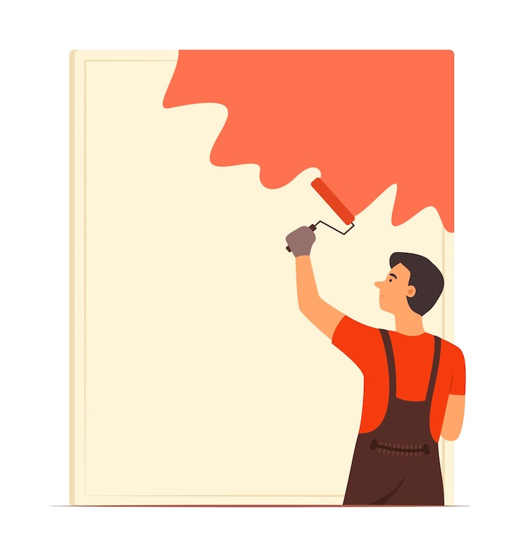 Vector hombre trabajador pintando color en la pared con ilustración del concepto de espacio de copia