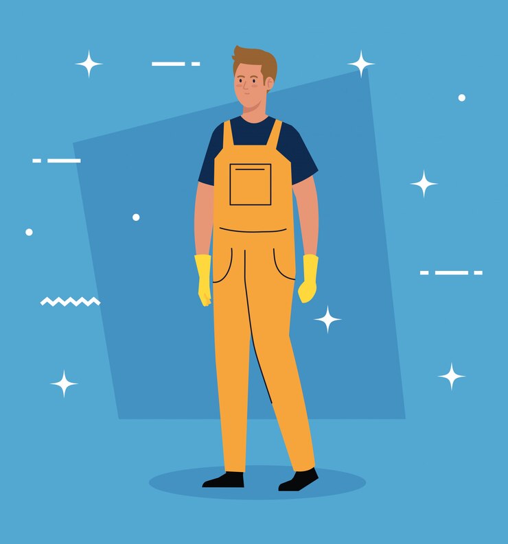 Vector hombre trabajador del servicio de limpieza, en diseño de ilustración azul