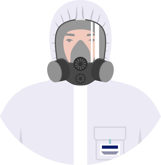 Vector hombre trabajador en traje de protección contra riesgos biológicos de radiación casco y máscara de gas respirador avatar de personaje