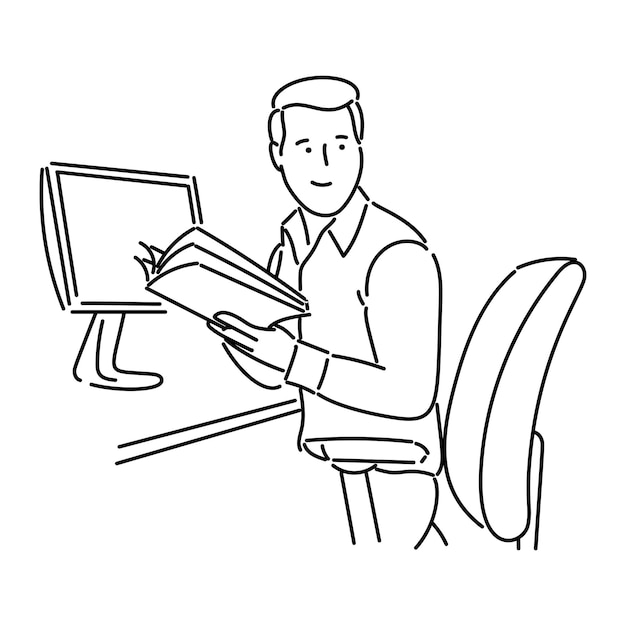 Hombre trabajando con computadora en el escritorio ilustración vectorial diseño gráfico en blanco y negro línea de arte coche