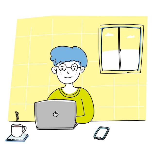 Hombre trabajando con una computadora en la habitación, usando amarillo, blanco y azul para combinar colores