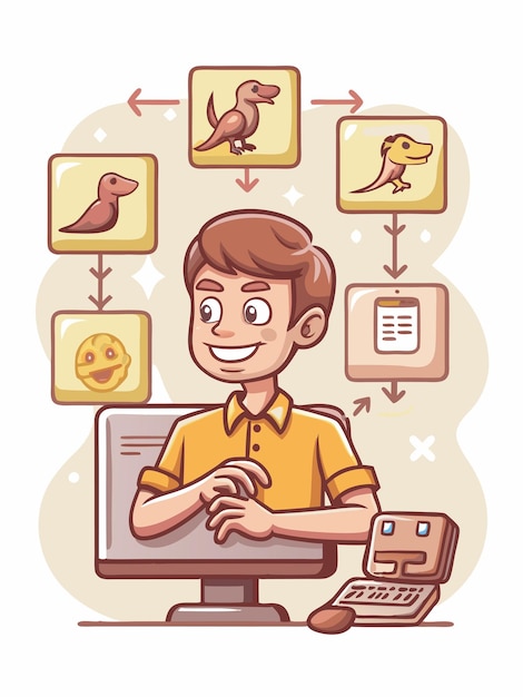 un hombre trabajando en una computadora con iconos de cosas a su alrededor