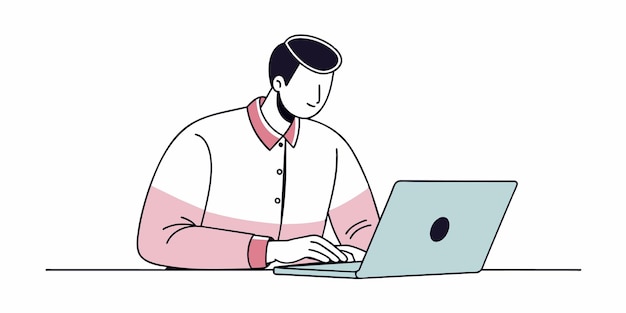 un hombre trabajando en una computadora portátil con una camisa rosa