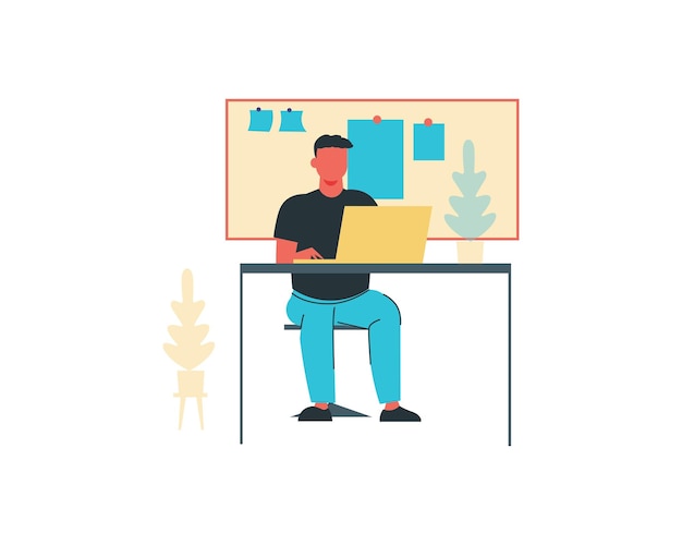 Hombre trabajando en una computadora portátil en casa Ilustración vectorial en estilo plano