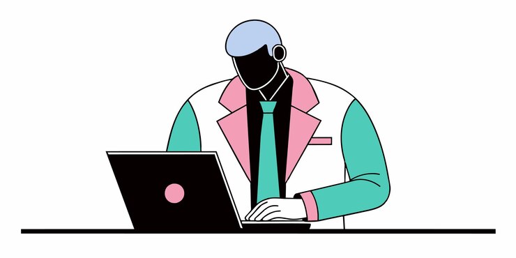 Vector un hombre trabajando en una computadora portátil con una chaqueta rosa