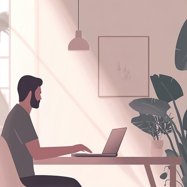 Hombre trabajando en una computadora portátil en una habitación soleada