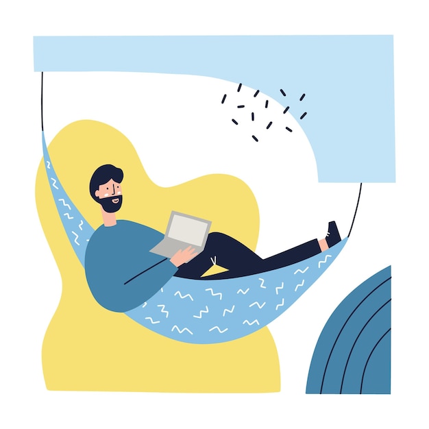 Hombre trabajando en una computadora portátil en una hamaca. Freelance, concepto de trabajo en casa. Ilustración de vector plano dibujado a mano.