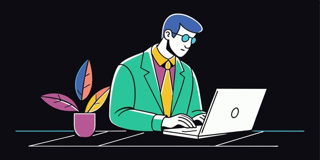un hombre trabajando en una computadora portátil con una imagen de dibujos animados de un hombre trabajando En una computadora