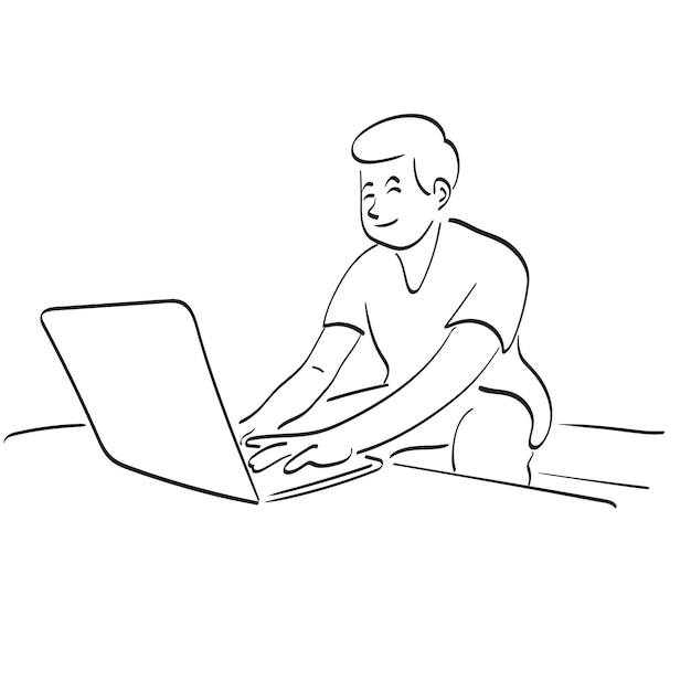 hombre trabajando en una computadora portátil en la mesa en su casa ilustración vectorial dibujada a mano aislada