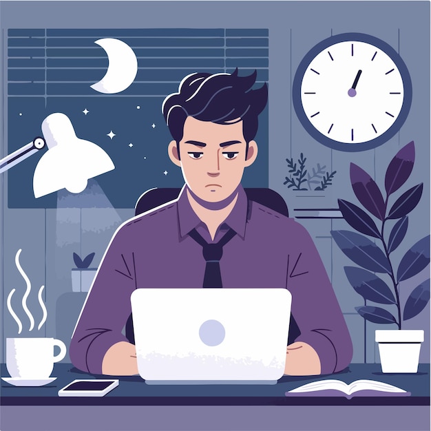 hombre trabajando en una computadora portátil por la noche con marcas de pregunta por encima de su cabeza una taza de café libros