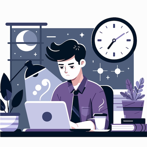 hombre trabajando en una computadora portátil por la noche con marcas de pregunta por encima de su cabeza una taza de café libros