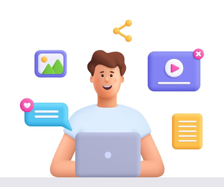 Vector hombre trabajando en una computadora portátil relleno de contenido y concepto de redes sociales personas vectoriales 3d personaje