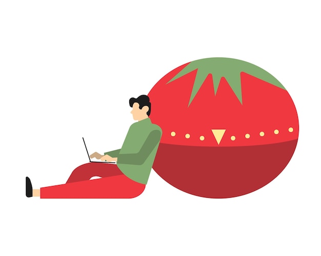 Hombre trabajando en una computadora portátil sentada en una ilustración vectorial de tomate rojo