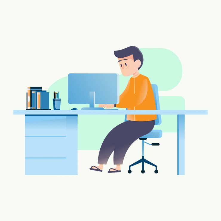 Vector el hombre esta trabajando en la computadora