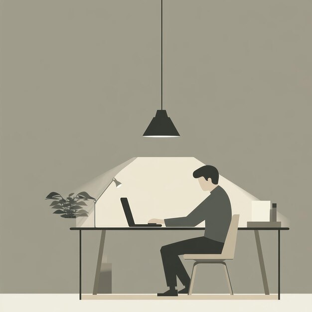 Hombre trabajando en un escritorio con una computadora portátil y una luz