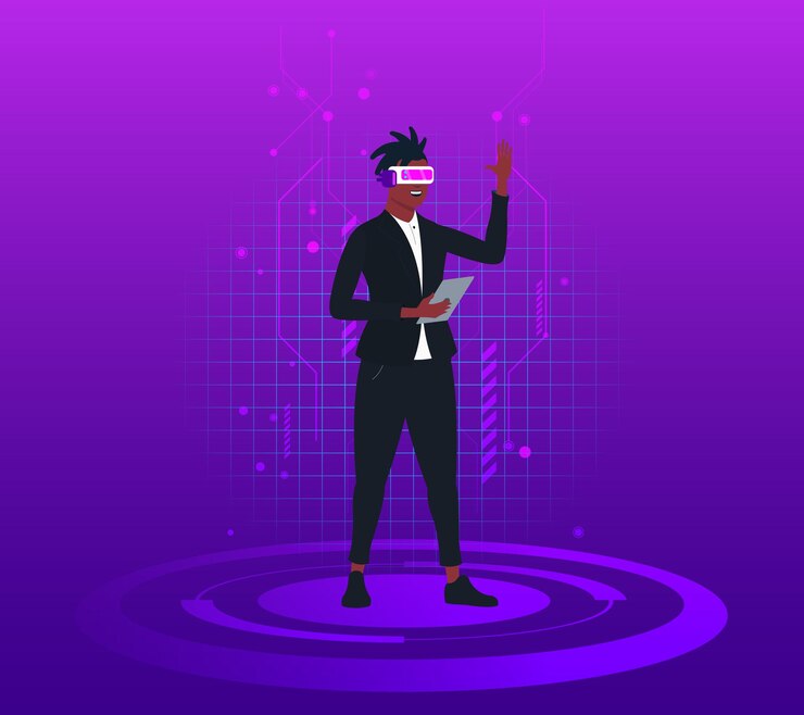 Vector hombre trabajando con gafas virtuales auriculares vr en el metaverso