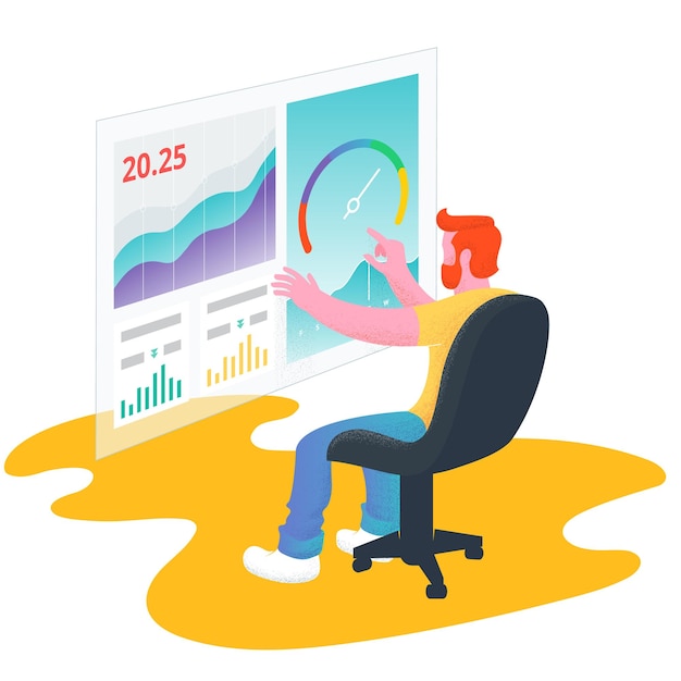 Hombre trabajando con gráficos en grandes aplicaciones de tablero