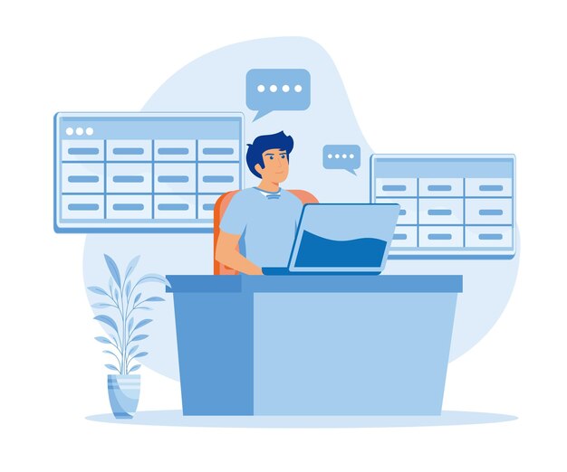 Hombre trabajando con grandes datos y bases de datos usando portátil y tablas de Excel vectorial plano moderno