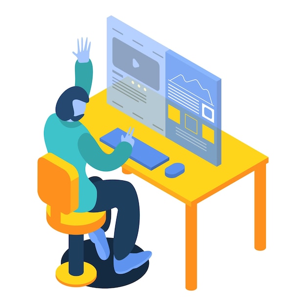 Hombre trabajando en el icono de la computadora de escritorio Isométrico del hombre trabajando en el icono de vector de la computadora de escritorio para el diseño web aislado sobre fondo blanco