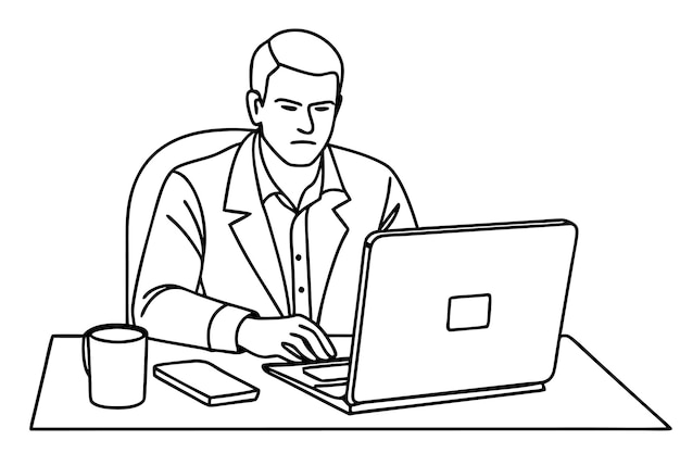 Un hombre trabajando en una oficina, ilustración en blanco y negro.