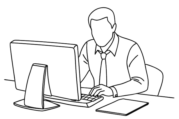 Un hombre trabajando en una oficina, ilustración en blanco y negro.