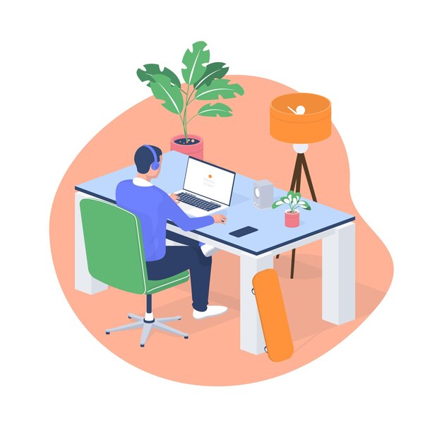 Hombre trabajando portátil en casa ilustración isométrica. Personaje masculino en auriculares sentado en una mesa blanca moderna y con entusiasmo lanza un nuevo juego en línea