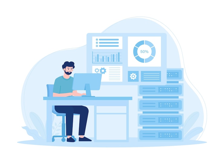 Vector hombre trabajando en el proceso de computación de análisis de datos utilizando el concepto de tecnología en la nube ilustración plana