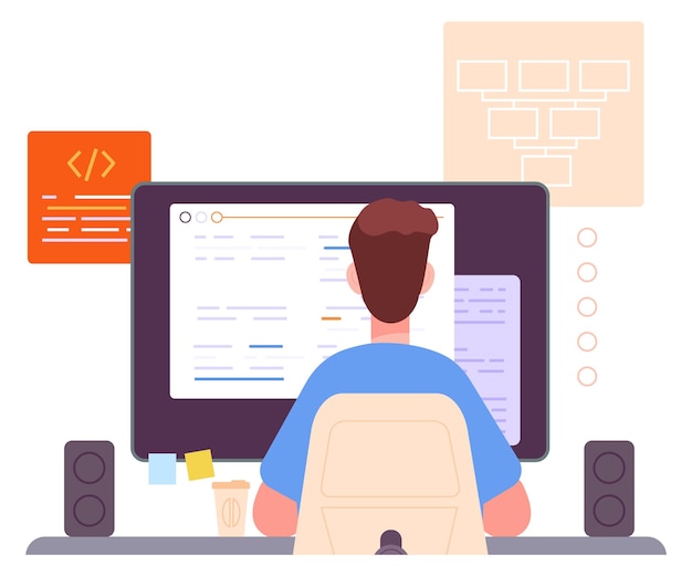 Vector hombre trabajando con script programador de desarrollo de software vista posterior