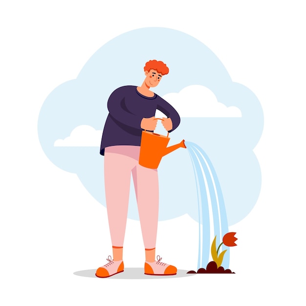 Hombre de trabajo de jardín regando la flor Linda ilustración vectorial plana