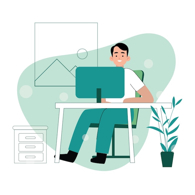 Hombre de trabajo en un vector plano de computadora