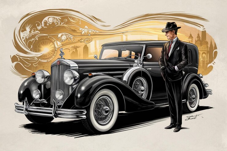 Vector un hombre de traje se para al lado de un coche que dice que el coche es negro