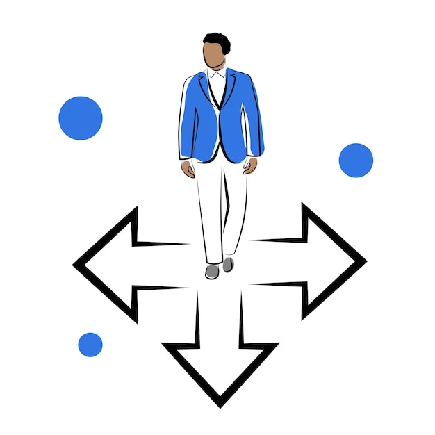 Un hombre con traje azul elige un camino de vida Tomando decisiones Ilustración vectorial en estilo doodle