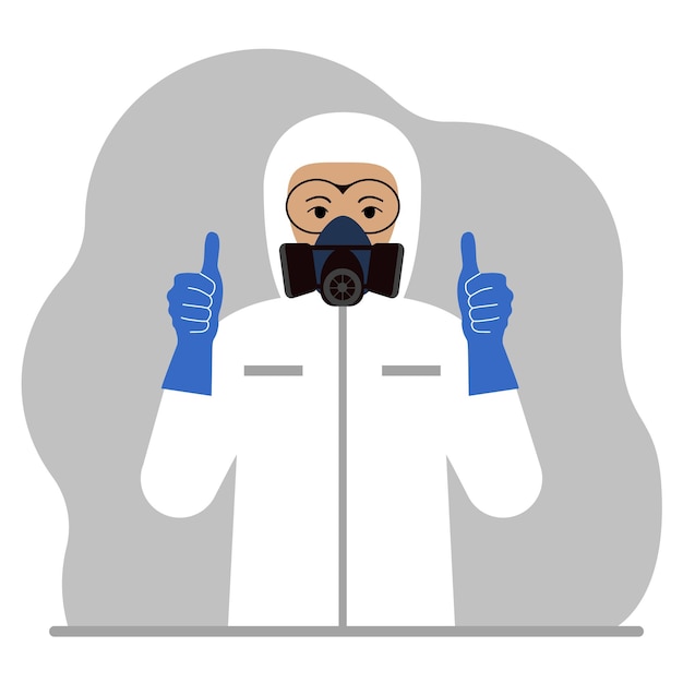 Un hombre con traje blanco de protección contra la radiación y casco con respirador, uniforme de seguridad química o biológica. Vector