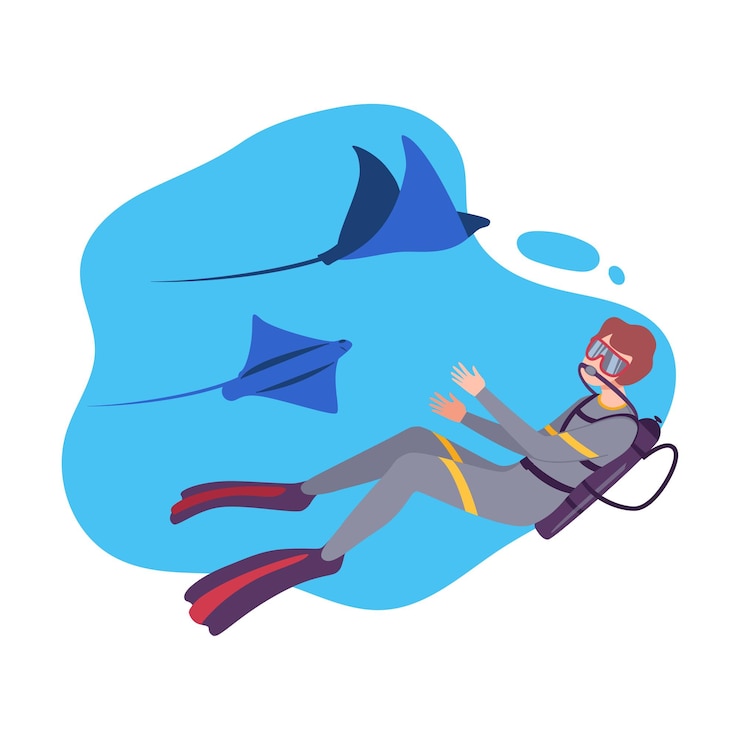 Vector hombre en traje de buceo y aqualung nadando con peces bajo el mar el buzo explorando el