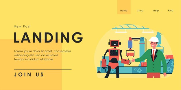 Hombre con traje y casco estrechando la mano con un robot en la fábrica. Ilustración de vector plano. Robots trabajando en producción, industrias en lugar de humanos. Robótica, sustitución de mano de obra, concepto de recursos humanos.
