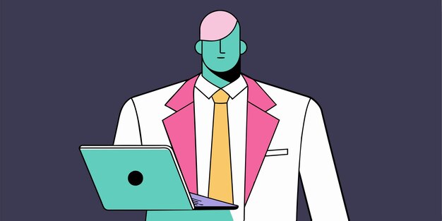 un hombre en un traje con una computadora portátil y un hombre en una chaqueta rosa