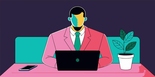 un hombre en un traje con una computadora portátil y un monitor que dice "está trabajando en"